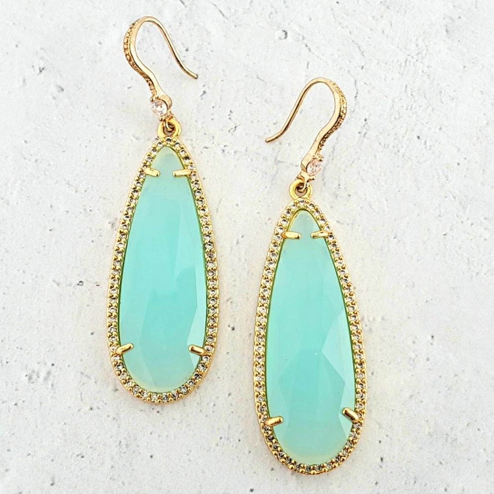 NWOT Turquoise Crystal Dangle Earrings w White Quartz Stones, Teardrop Earrings